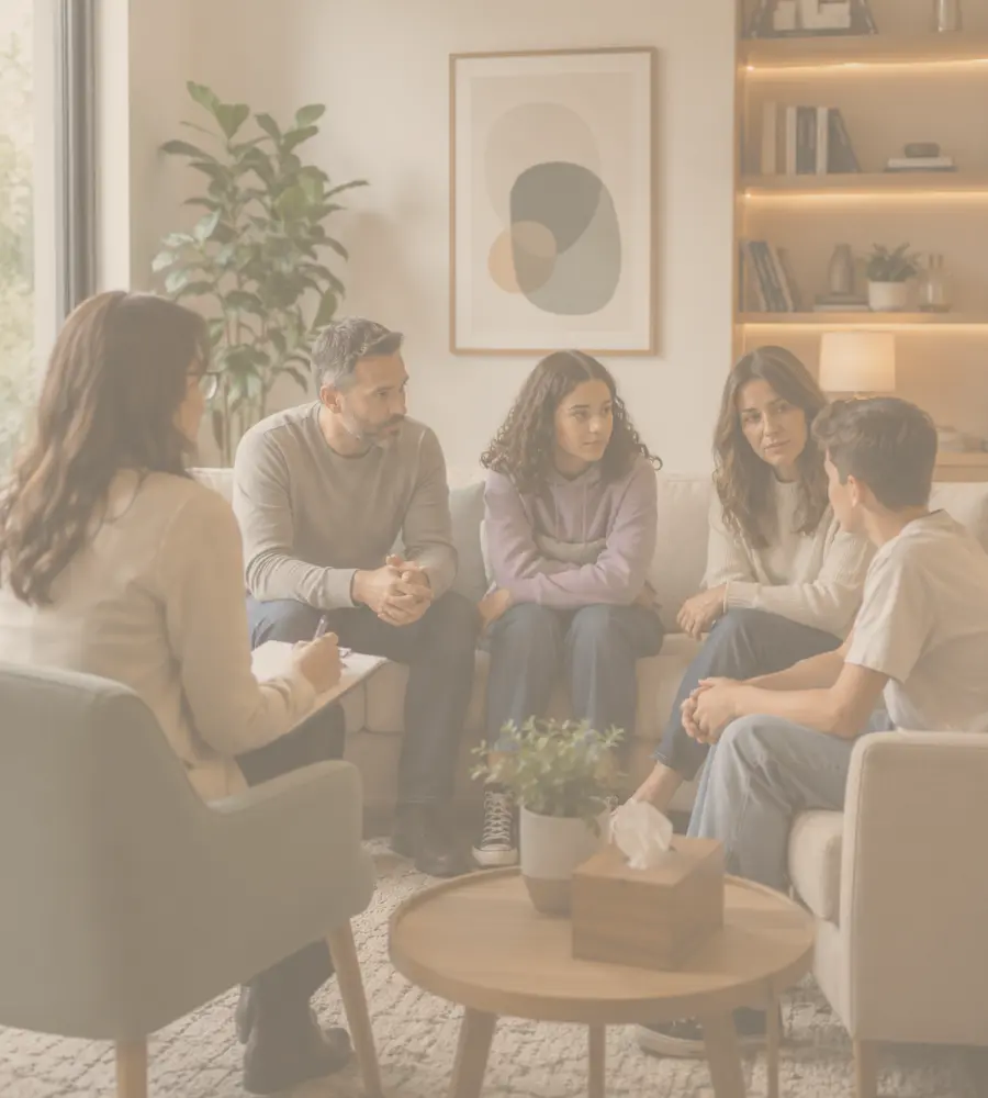 Terapia familiar em Campo Grande MS – família em sessão de terapia com psicóloga em ambiente acolhedor
